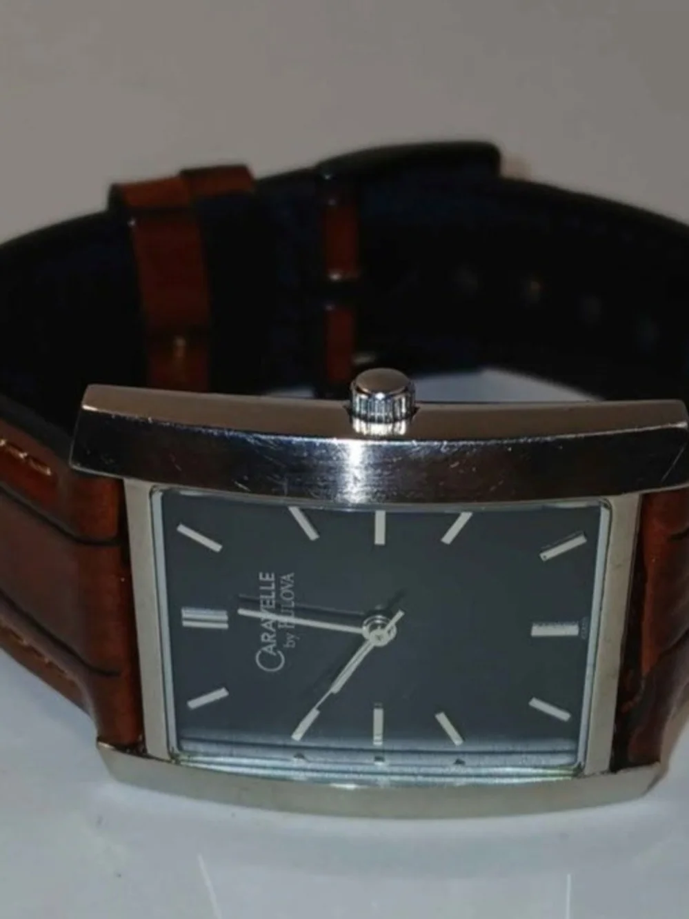 ​Caravelle by Bulova Mens Rectangular Tank Watch Black Dial Brown Leather Strap